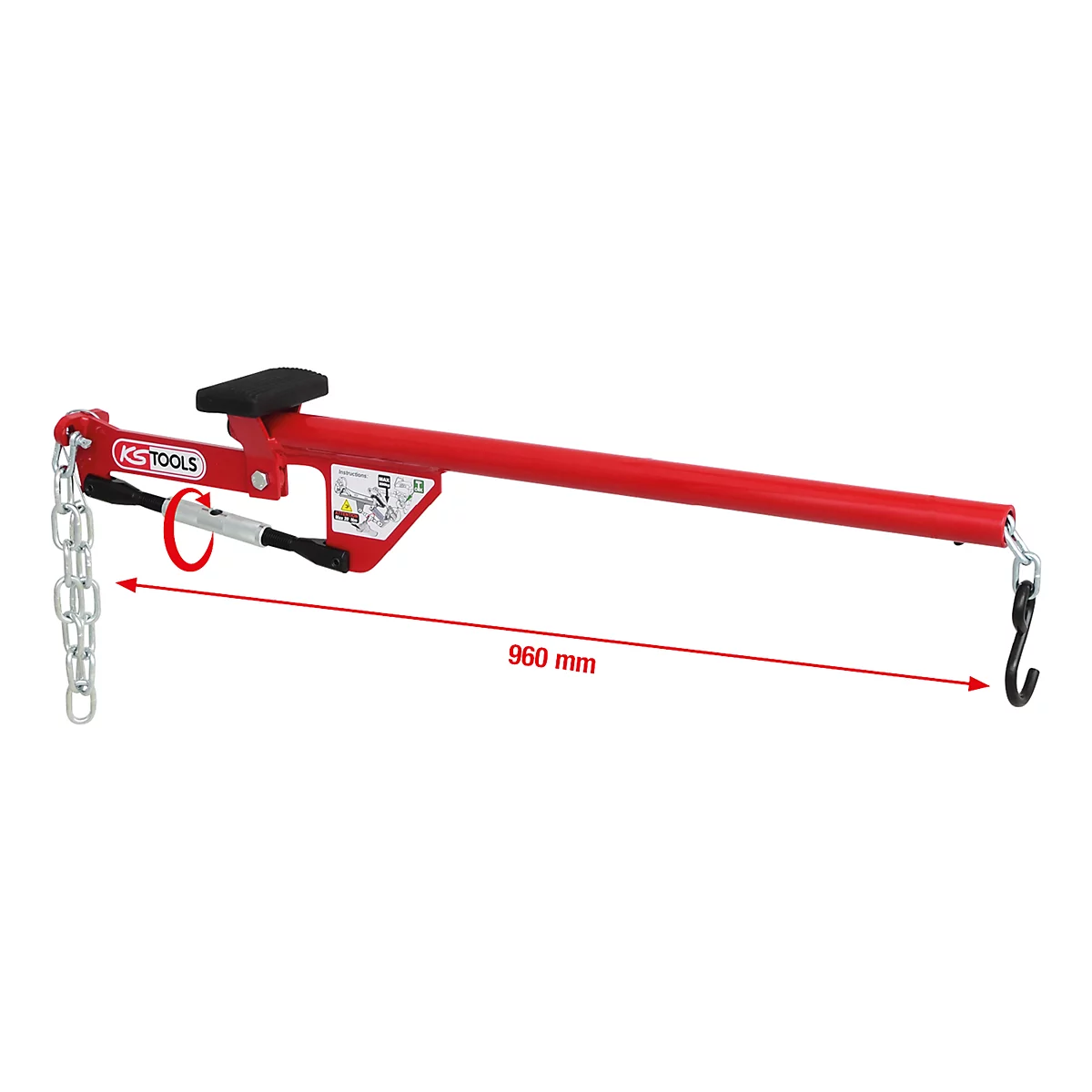 Rote KTOOLS-Getriebebrücke mit Kettenaufhängung und Haken zur Befestigung, Text: 960 mm.